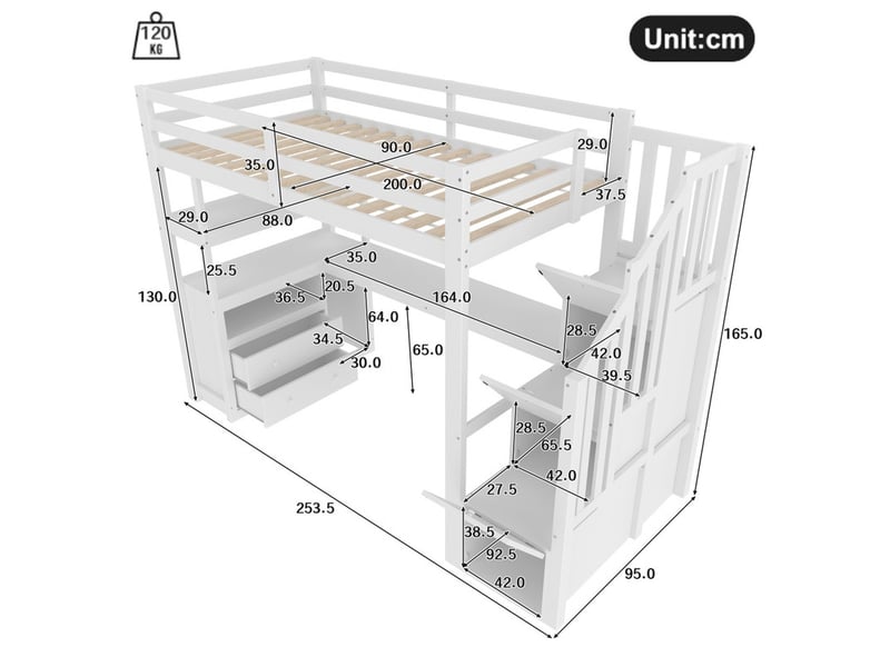 Lit mezzanine, 90 × 200 cm, lit simple avec échelle avec rangements, deux tiroirs, blanc  - Conforama C