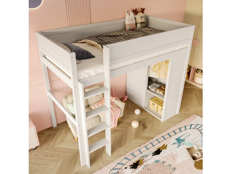  Lit mezzanine enfant 90x200 cm avec armoire et rangement blanc  - Conforama E