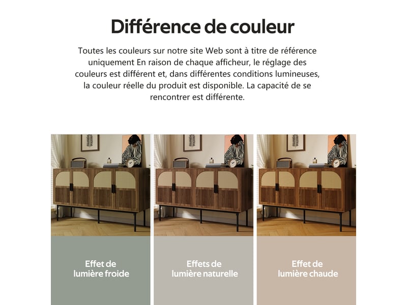  Buffet naturel, 4 portes, rangement, rotin, fermeture douce, design moderne, structure robuste - mdf - 140x40x80cm  - Conforama B