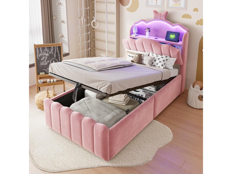  Lit coffre 90x200 cm - lit enfant 90x200 - lit simple en velours avec led rgb, prises usbtype-c &amp; tête rabattable - rose  - Conforama C