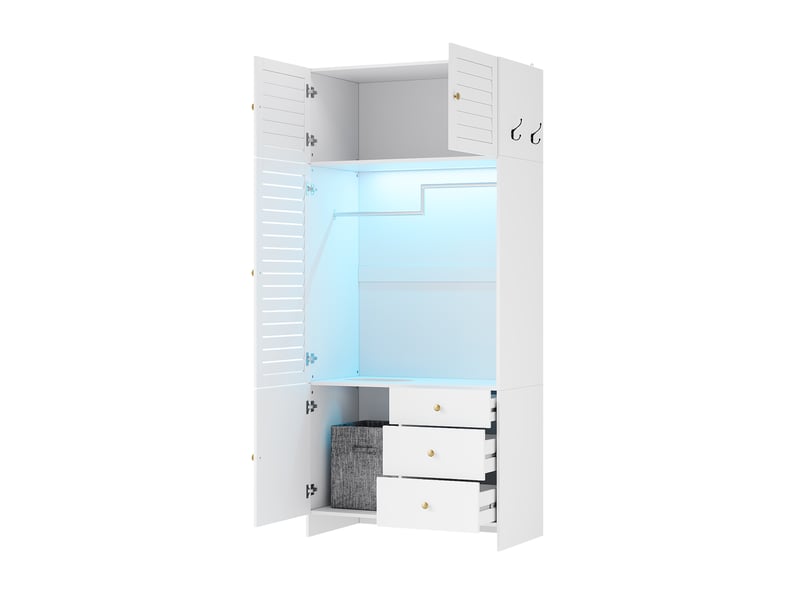  Armoire 2 portes avec panier à linge et led 90x50x200 cm blanc  - Conforama E