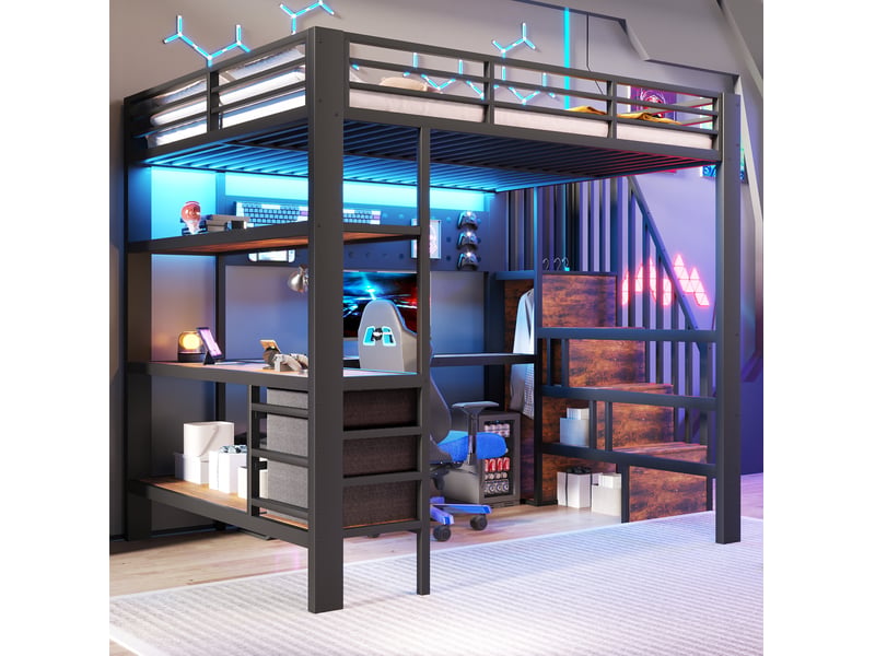Lit mezzanine 140x200 cm en métal avec bureau, rangements, led et prise noir - Conforama E