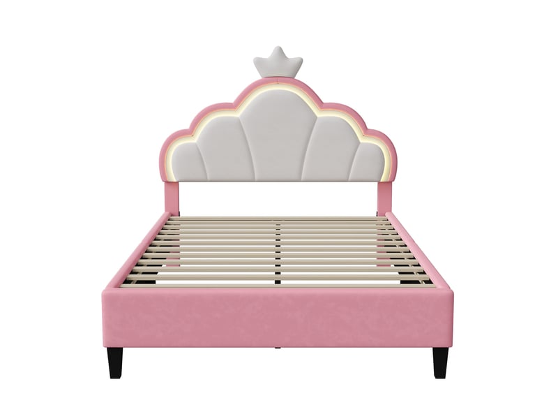  Lit enfant 140x200cm - lit double 140x200 avec tête de lit couronne lumineuse led - rembourré en velours - rose et blanc  - Conforama A
