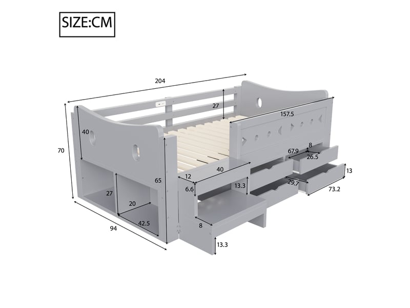 Lit simple 90x200 cm - 4 tiroirs et rangement - tête de lit avec led, usb & type-c - barrières de sécurité - gris - Conforama C