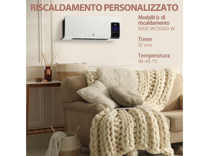  Chauffage soufflant oscillant mural avec minuterie 12 heures et 2 modes de chauffage, 54,5 x 12 x 21,5 cm, blanc  - Conforama D
