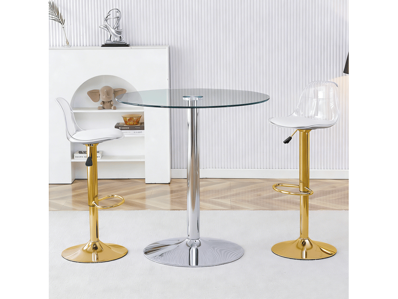  Ensemble bar 89 cm en verre avec 2 tabourets réglables pivotants, transparent  - Conforama D