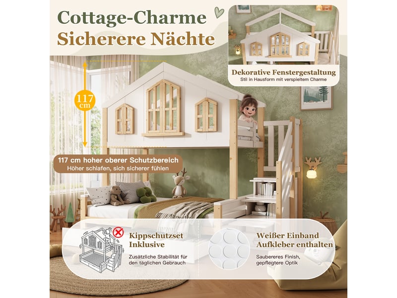 Lit superposé 90 x 200 cm, lit enfant à deux couchages, 2 tiroirs, structure en forme de maison, échelle, sommier à lattes inclus, bois, naturel Morn Vibe - Conforama E