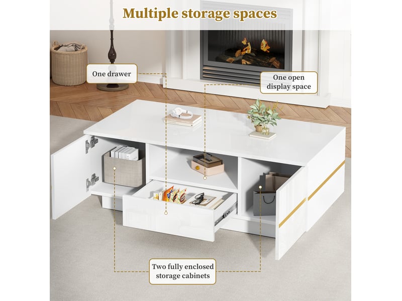  Table basse 100x50x35,5 cm avec led et tiroir blanc et doré  - Conforama E