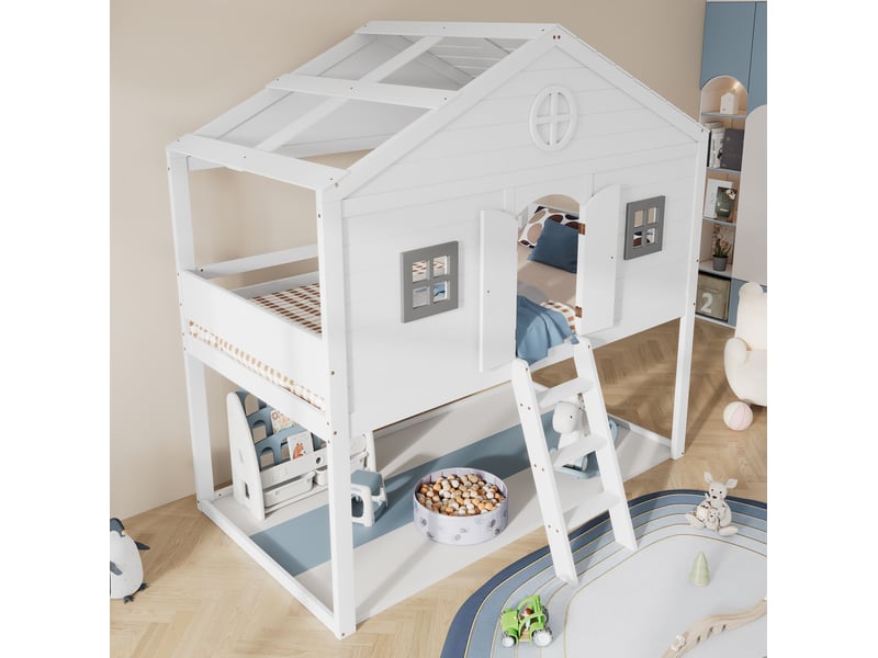  Lit mezzanine enfant 90x200 cm avec escalier et garde-corps, coloris blanc et gris  - Conforama E