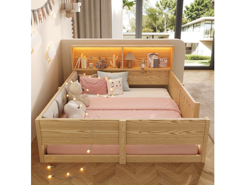  Lit jeune 2 places 140x200 cm équipé de rangement, barrières et led, aspect naturel  - Conforama E