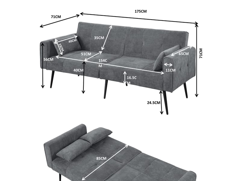  Canapé convertible 175x71x71 cm, idéal pour salon et appartement, dossier réglable, finition velours côtelé gris  - Conforama C