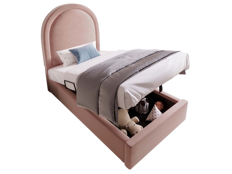 Lit enfant avec rangement coffre, 90x200 cm, tête de lit haute, sommier à lattes, matelas inclus, velours, coloris rose  - Conforama A