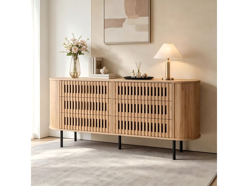 Buffet 160 cm effet bois, 6 tiroirs design à lattes - Conforama D