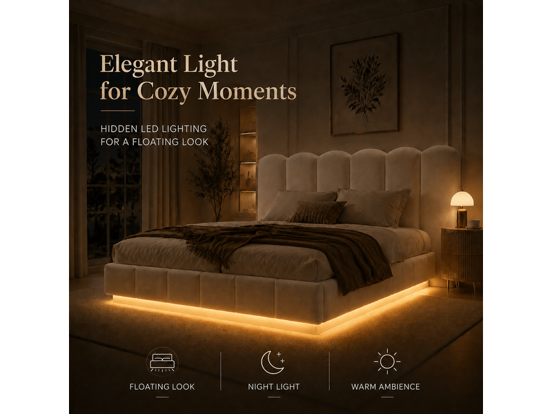 Lit coffre 180x200 cm blanc, tissu bouclé, sommier relevable hydraulique, tête de lit nuage, led télécommande et appli - Conforama E