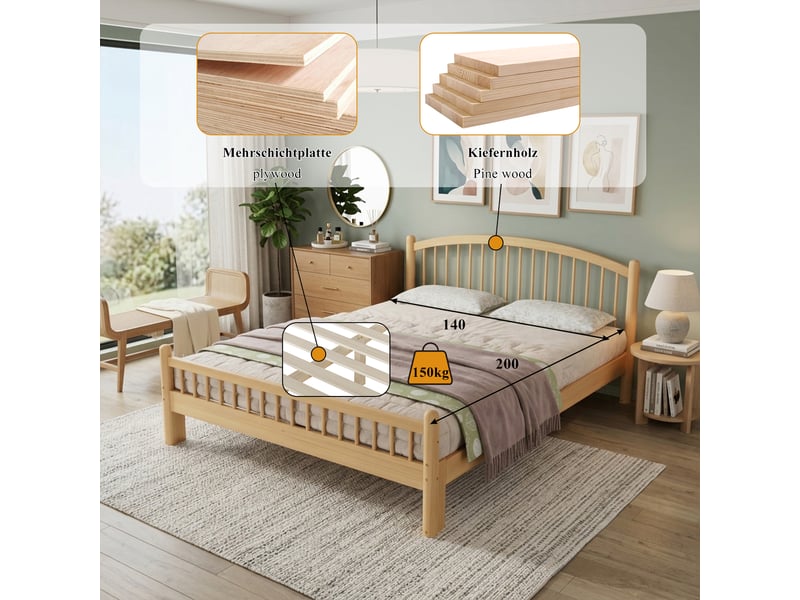  Lit en bois massif 140x200 cm naturel, tête à lattes, design minimaliste et sommier stable  - Conforama C