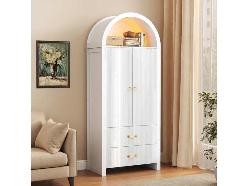 Buffet haut 76x38x180 cm avec led, 2 portes et 2 tiroirs, coloris blanc - Conforama D