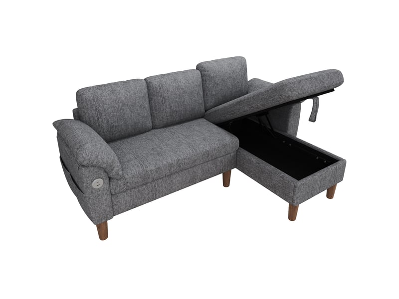Canapé d'angle réversible 3 places 181x125x88 cm gris clair chenille, coffre et ports usb type-c - Conforama A