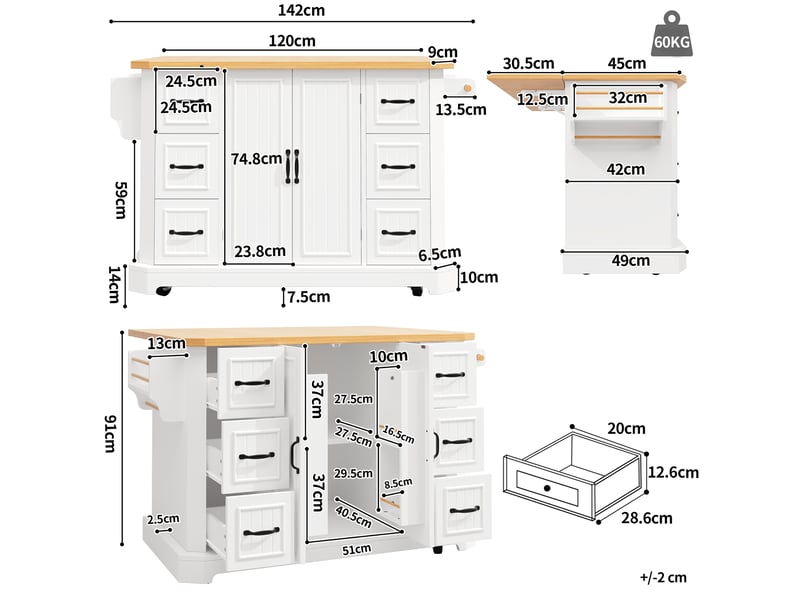  Îlot de cuisine mobile,120x45x91 cm,2 portes et 6 tiroirs,mdf,blanc  - Conforama C