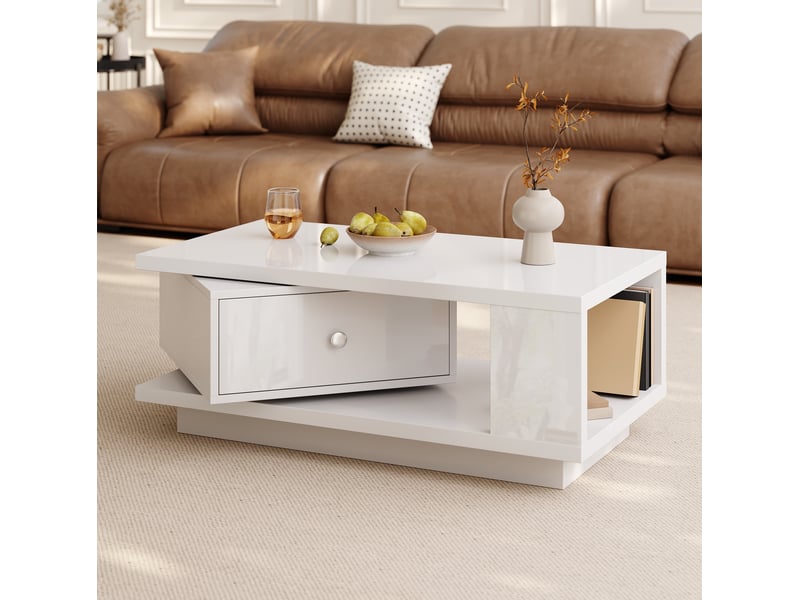  Table basse rectangle 90x48x35 cm avec tiroir rotatif finition brillante couleur blanc  - Conforama E