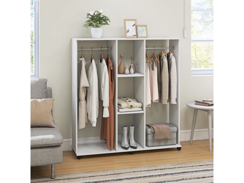  Armoire penderie meuble de rangement mobile 6 roulettes en bois blanc 120 x 40 x 128 cm  - Conforama W