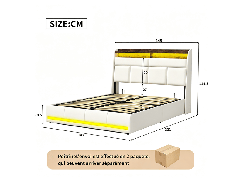 Lit 140x190 cm, tt01, led réglable, hydraulique, contemporain, lit adulte, cadre de lit double 140x190 cm, tissu pu, blanc - Conforama W