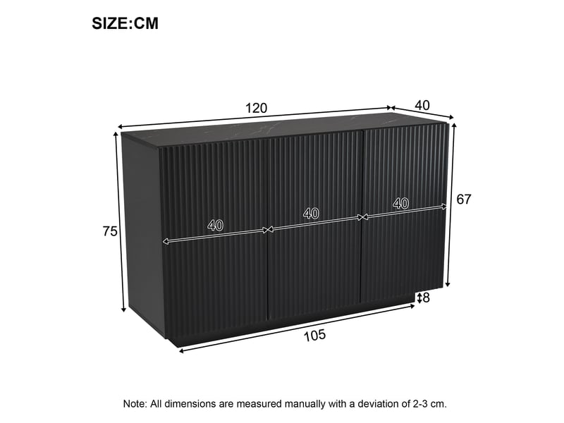  Buffet 120x40x75 cm, led intégré, commande bluetooth, façade à rayures verticales, plateau effet marbre en mdf, noir  - Conforama C