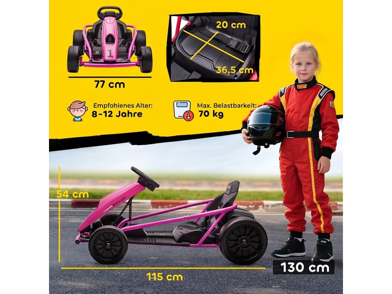  Karting électrique 24 v pour enfants, jusqu'à 13 kmh, avec fonction drift, équipé de 2 moteurs, pour les 8-12 ans, rose  - Conforama E