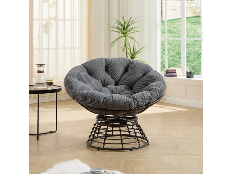  Fauteuil papasan pivotant 360° en résine tressée - dia. 92cm - coussin épais velours côtelé confortable - marron et gris  - Conforama B