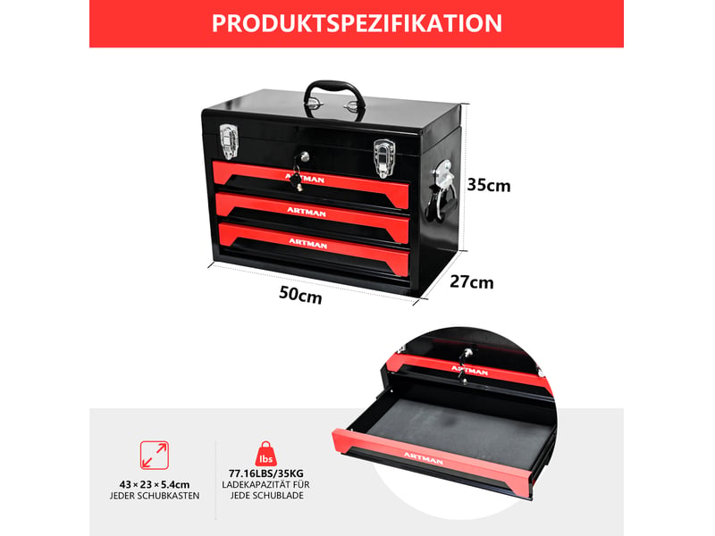 Boîte à outils transportable 50 x 27 x 35 cm noir et rouge en acier, 3 tiroirs à roulements à billes - Conforama C