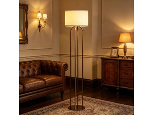 Lampadaire de salon chic 4 colonnes métal doré abat-jour tambour lin beige interrupteur pied e27