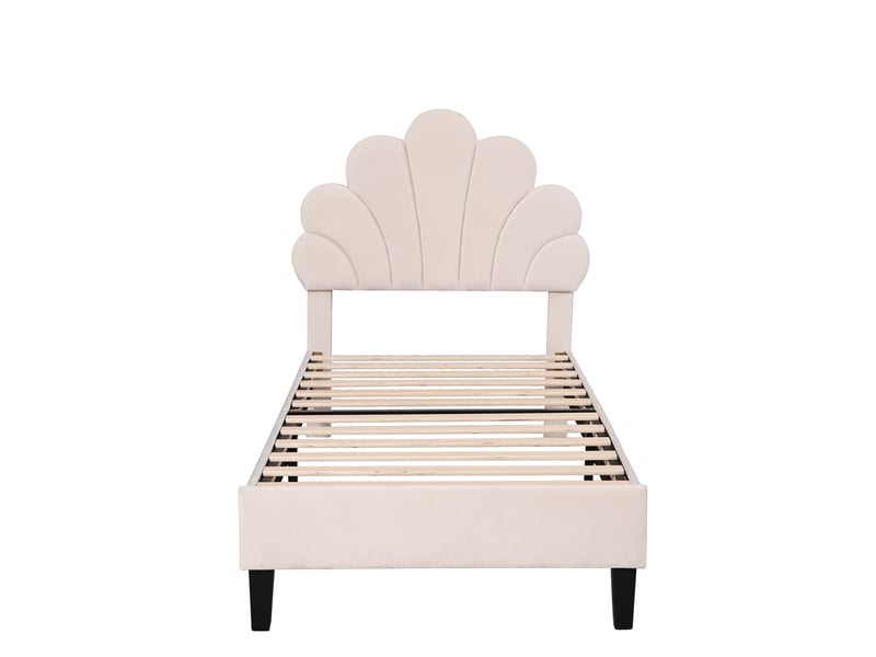 Lit enfant 90x200 cm, lit simple capitonné princesse avec tête de lit coquillage réglable, sommier, tissu velours beige  - Conforama A