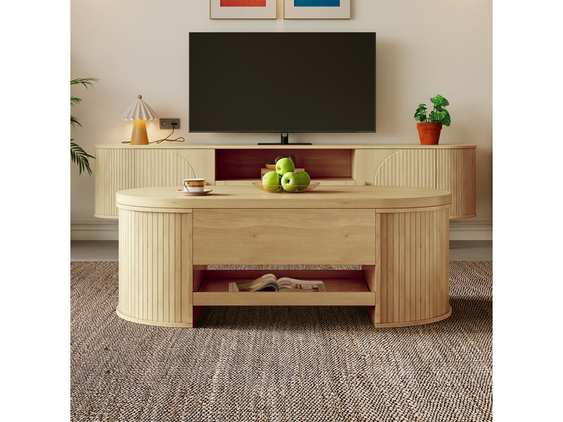 Table basse relevable avec plateau ajustable et étagère coulissante, en mdf, naturel, 110 × 55 × 40 cm - uvrion - Conforama D