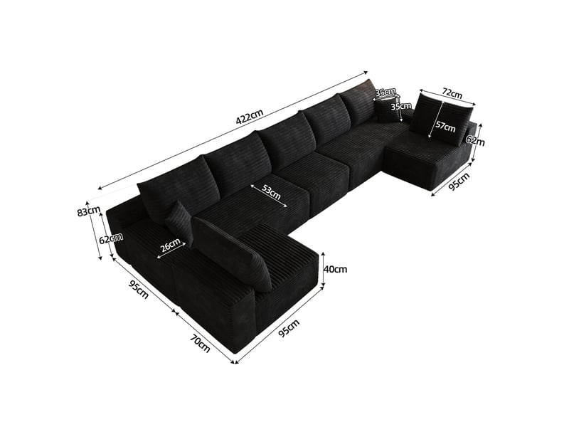  Canapé d'angle panoramique 7 places en velours côtelé noir, 425 cm, assise profonde pour grand salon  - Conforama C