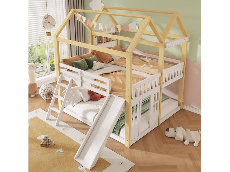  Lit mezzanine enfant 90 x 200 cm avec toboggan, échelle et structure maison blanc bois  - Conforama D