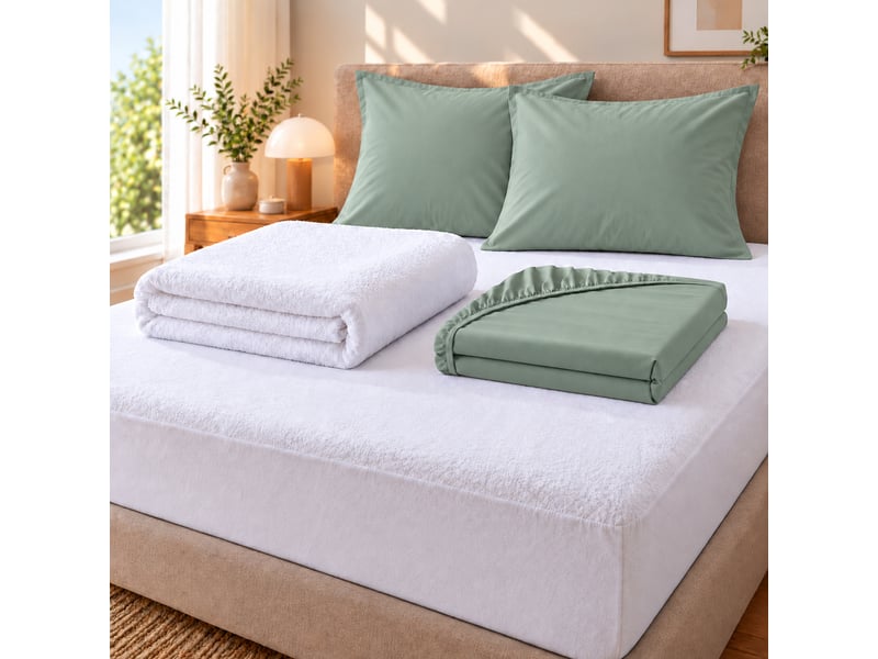  Pack literie protège matelas 140x190 imperméable + drap housse + 2 taies sauge  - Conforama A