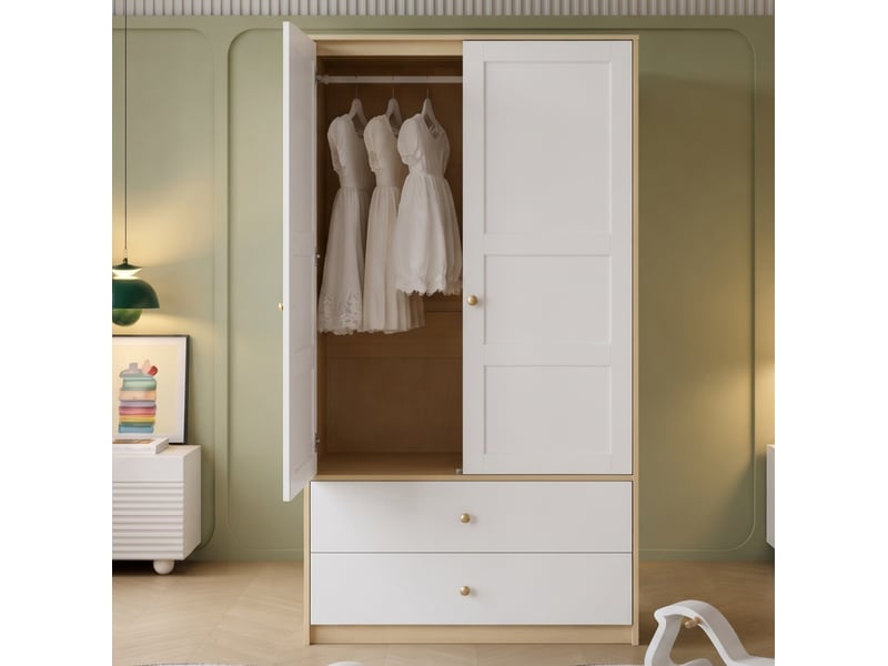Armoire double porte avec 2 tiroirs et tringle pour chambre et bureau, en mdf, blanc et effet bois, 100 × 48 × 180 cm - Conforama D