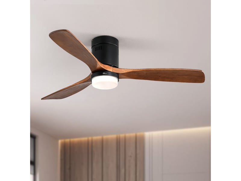 Ventilateur de plafond bois massif 132 cm avec lumière, moteur dc silencieux, réversible, 3 pales, télécommande, profil bas  - Conforama W
