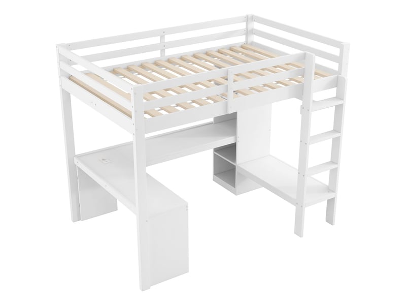 Lit enfant 140 x 200 cm lit double étagères multifonctions bureau sous le lit éclairage led port usb blanc  - Conforama A