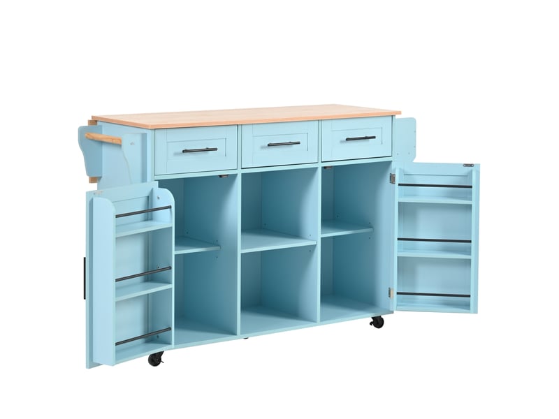 Desserte de cuisine 139 x 46 x 91,5 cm bleue en mdf, plateau rabattable, 3 tiroirs et rangement mobile - Conforama E