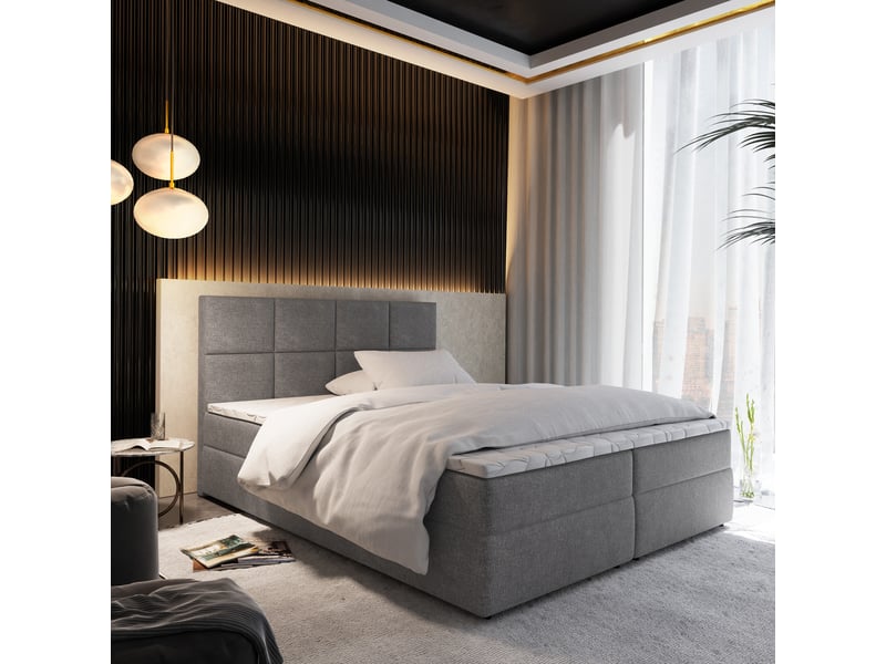  Boxspring lena 200x200 cm, lit complet avec matelas, gris  - Conforama B