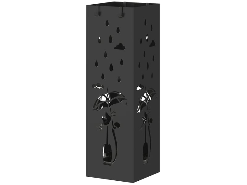  Porte-parapluie carré stylisé en métal avec bac égouttoir amovible et 4 crochets, 15,5 x 15,5 x 49 cm, noir  - Conforama B
