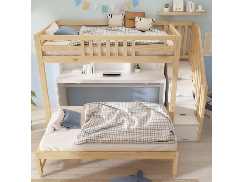  Lit superposé enfant 90x200 et 90x190 cm blanc et bois clair, bureau mobile et lit gigogne, sans matelas  - Conforama E
