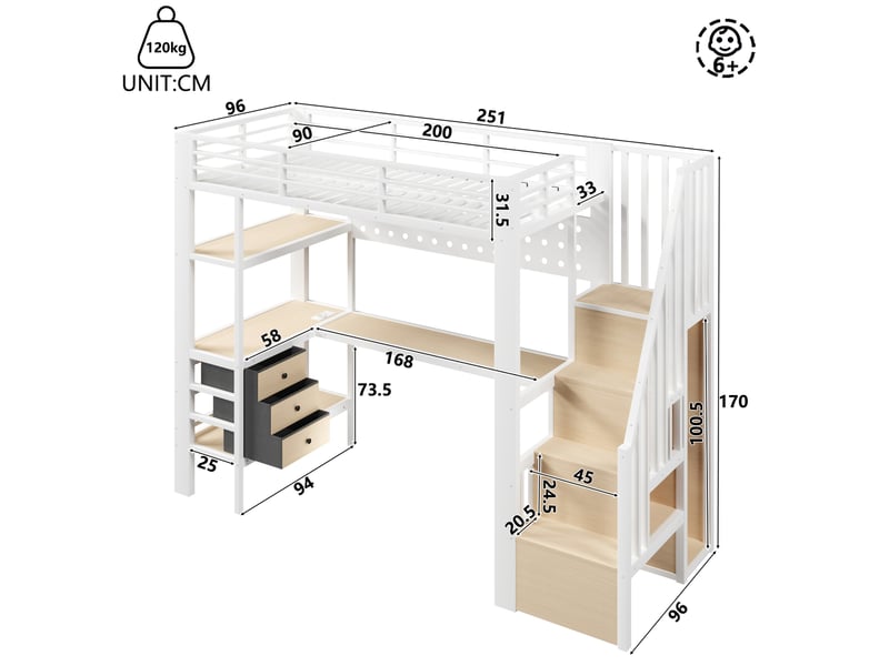  Lit mezzanine 90x200 cm avec bureau, rangements et led blanc  - Conforama C