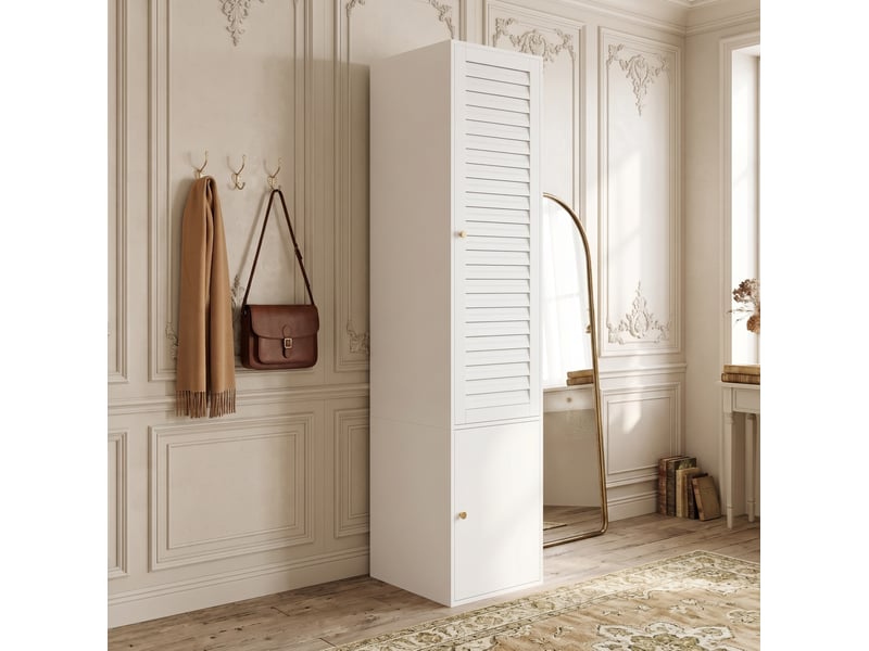  Haut buffet de rangement 45x50x200 cm avec porte persienne, panneau de particules blanc, meuble chambre et dressing  - Conforama D