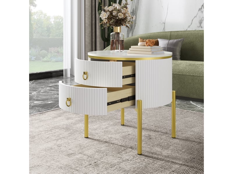  Table d’appoint avec 2 tiroirs et pieds réglables - lpospi - façade texturée, effet marbre mdf blanc et doré  - Conforama C