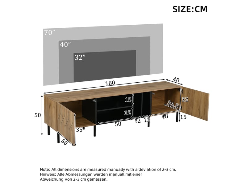  Meuble tv avec 2 portes sans poignées, 4 niches et passe-câbles pour salon, noir et bois naturel, 180 × 40 × 50 cm  - Conforama D
