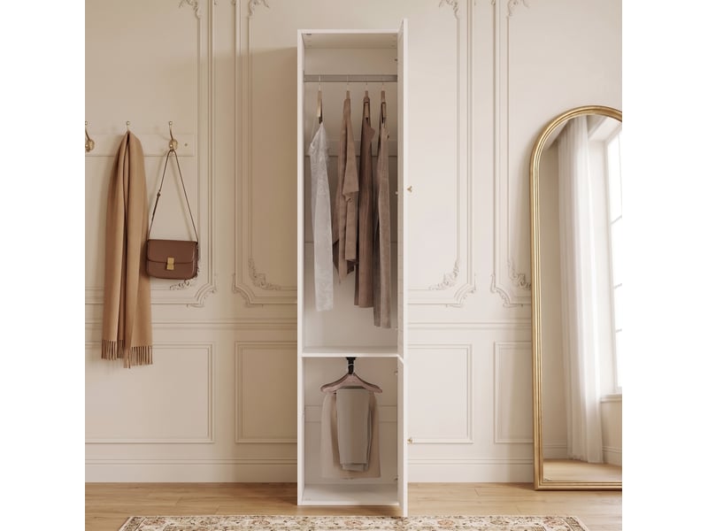  Armoire haute 1 porte à lamelles, penderie et 3 rangements, 45 x 50 x 200 cm, blanche  - Conforama E