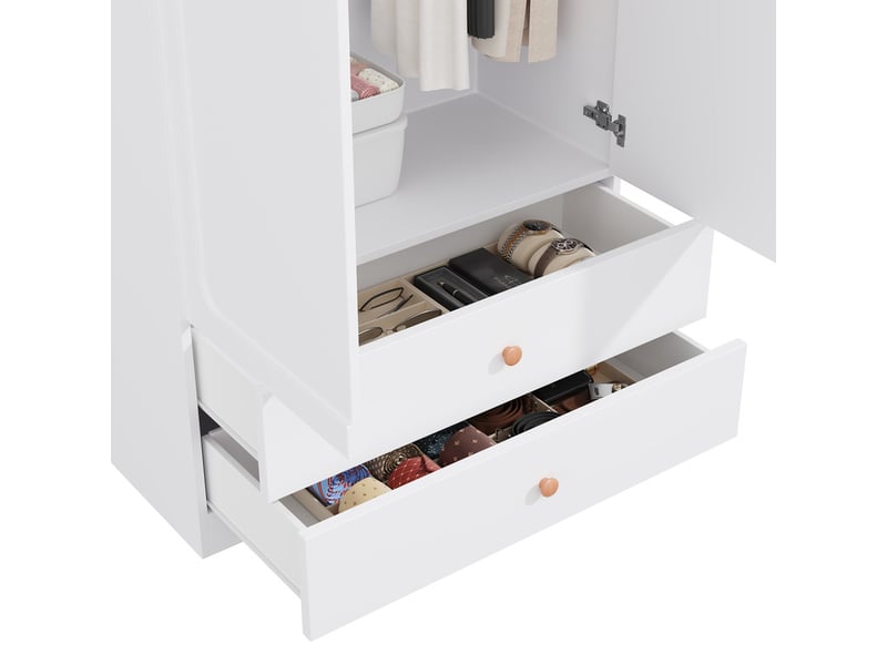  Armoire avec poignées en bois massif, 200 x 90 x 45 cm, 2 tiroirs, 1 penderie et espace de rangement, design moderne, blanc  - Conforama E