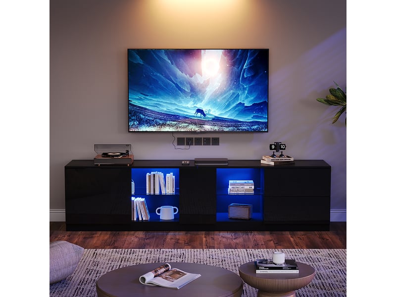  Meuble tv 160 cm noir brillant avec led app - pour écran 65 pouces  - Conforama E
