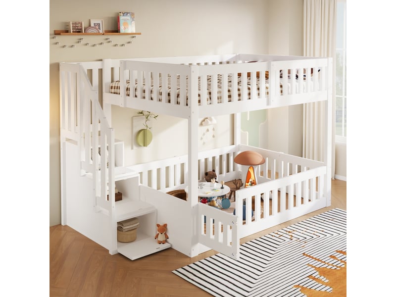  Lit superposé - 140x200 cm - échelle - rangements intégrés - lit enfant - gain de place - mobilier de chambre - pratique - blanc CozyNest - Conforama C